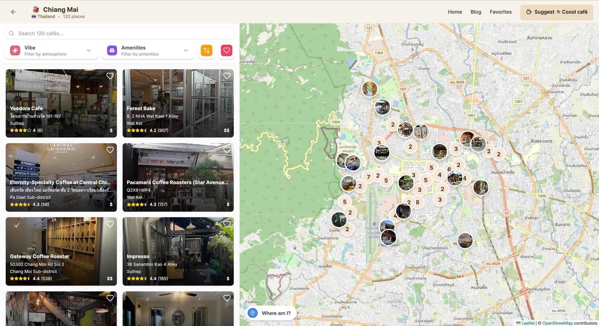 The Coool Café Chiang Mai page showing café cards, filters, and a map.