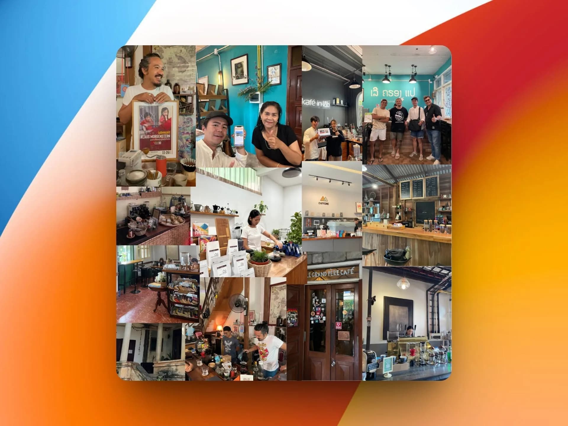 A collage of coffee places, travel, and the people behind Coool Café.