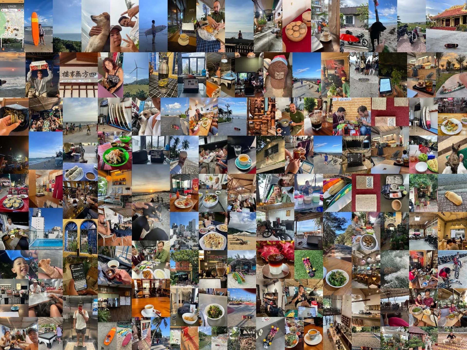 A large collage of surfing, travel, food, people, and cafés from a long road trip.