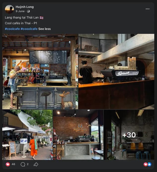 A social post showing a selection of cafés visited during a trip through Thailand.